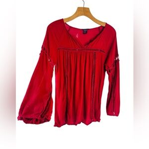 Imaginary Voyage Women's Burgundy Red Long Sleeve Gyspy Peasant Top SZ M Cotton